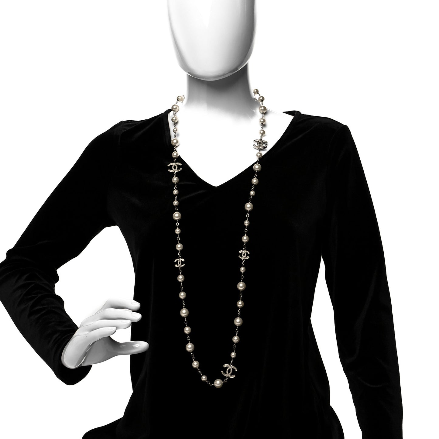 Graduated Pearl Crystal CC Long Necklace Silver