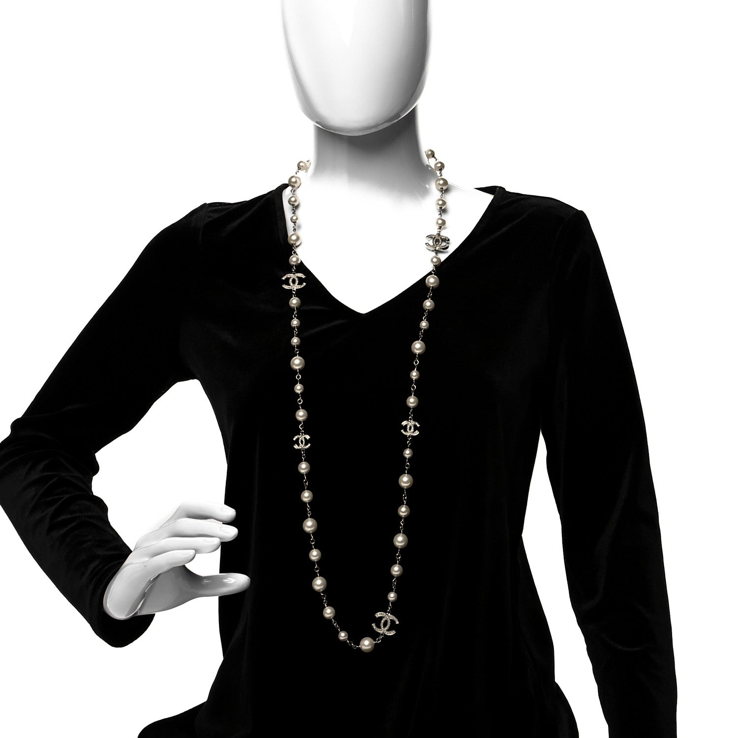 Chanel Graduated Pearl Crystal CC Long Necklace Silver 3 of 5