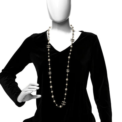 Chanel Graduated Pearl Crystal CC Long Necklace Silver 3 of 5