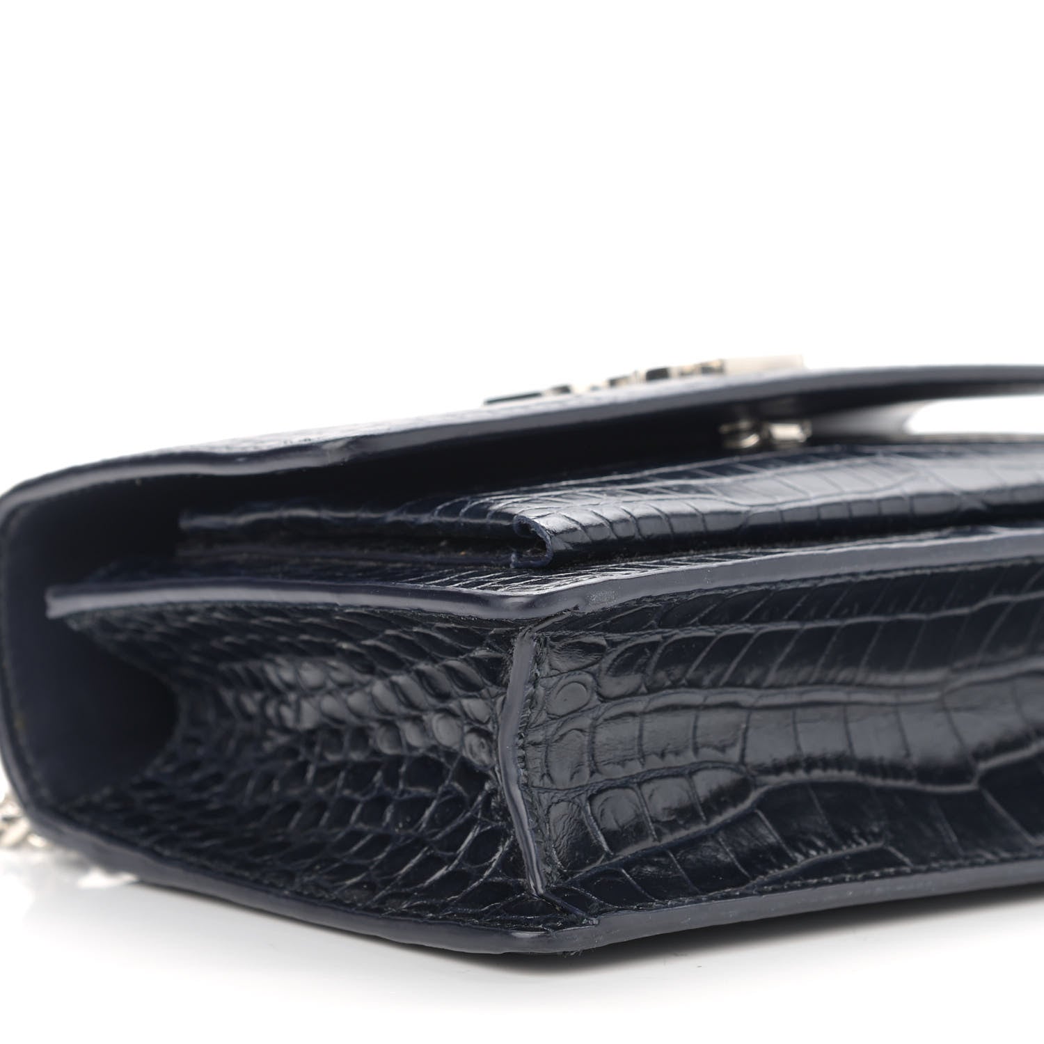Saint Laurent Calfskin Crocodile Embossed Monogram Sunset Chain Wallet Navy 10 of 15