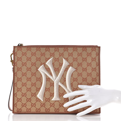 Gucci X MLB GG Monogram NY Yankees Zip Wristlet Pouch Beige Ruggine Ivory 2 of 11