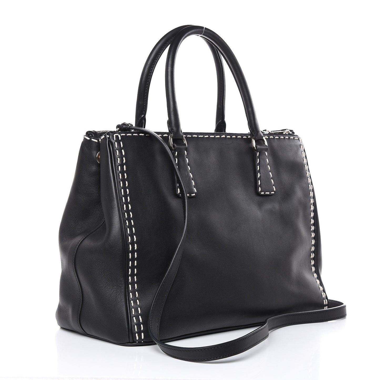 City Calf Hand Stitched Medium Galleria Double Zip Tote Black
