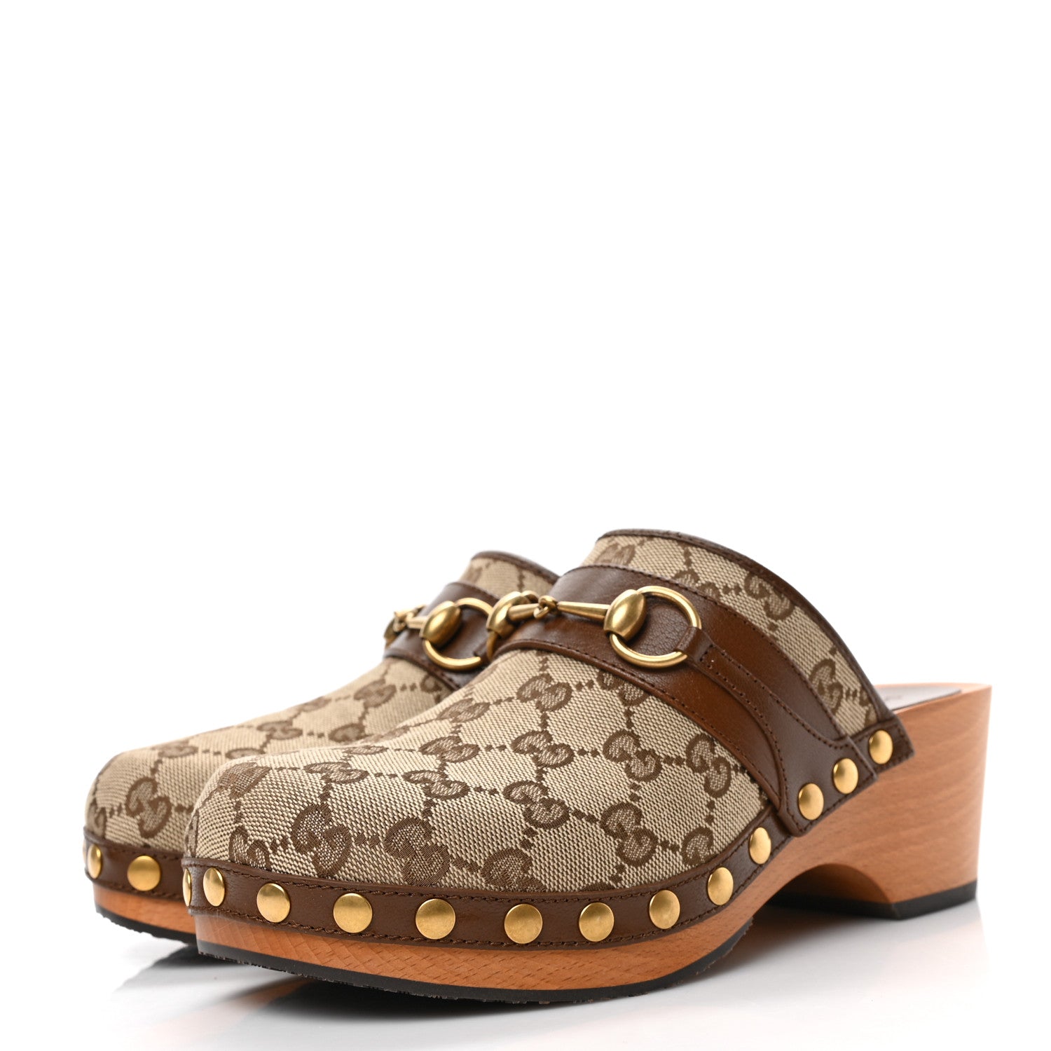Gucci Monogram Goatskin Horsebit Clog Mules 37.5 Beige Ebony Brown Sugar 3 of 8