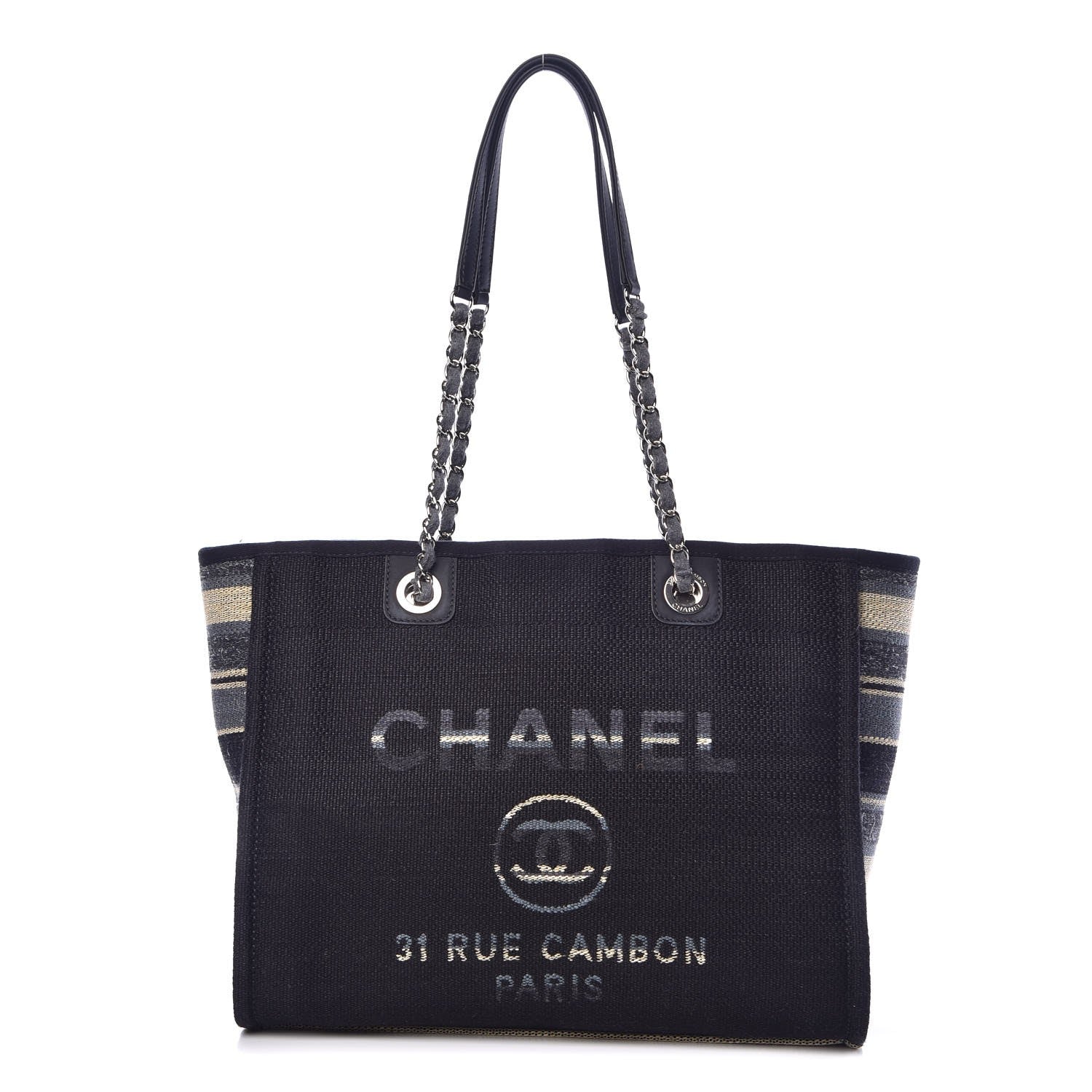 Chanel Striped Canvas Small Deauville Tote Dark Blue 1 of 7