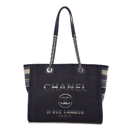 Chanel Striped Canvas Small Deauville Tote Dark Blue 1 of 7