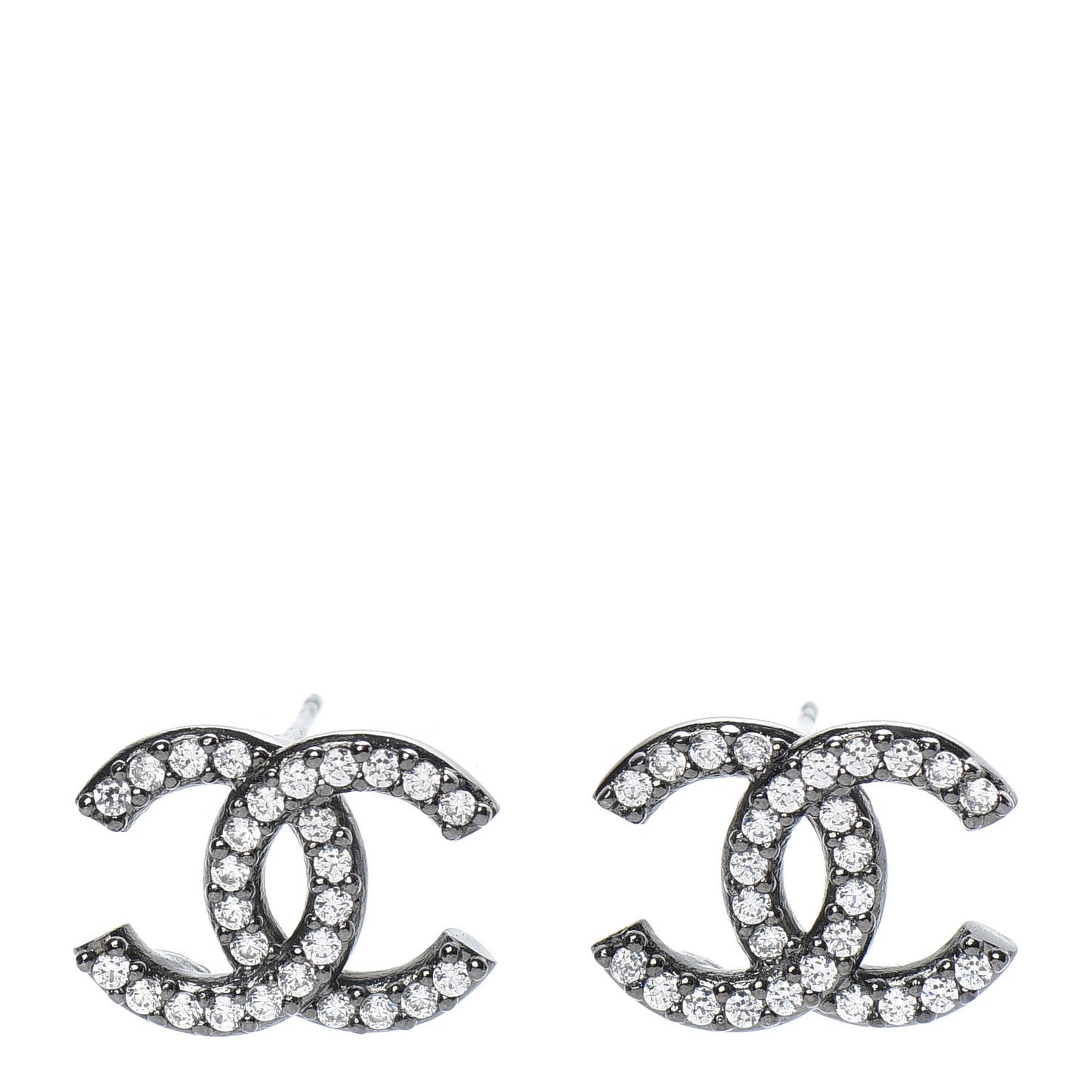 Metal Crystal CC Lock Symbols Stud Earrings Ruthenium