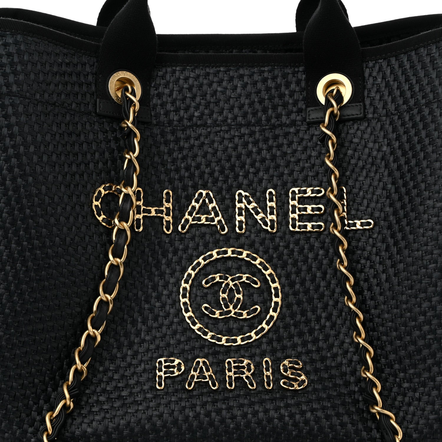Chanel Straw Raffia Calfskin Chain Medium Deauville Tote Black 8 of 12