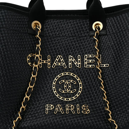 Chanel Straw Raffia Calfskin Chain Medium Deauville Tote Black 8 of 12
