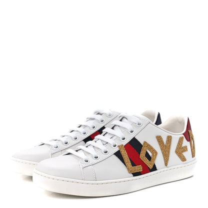 Gucci Calfskin Nappa Web LOVED Embroidered Womens Ace Sneakers 37 White Red Flame Notte 4 of 18