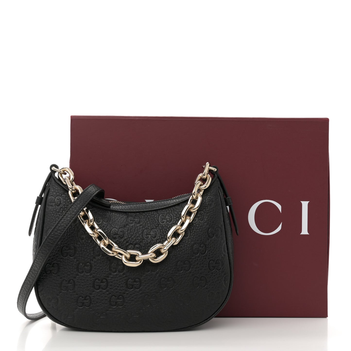 GG Grainy Calfskin Emblem Small Half Moon Shoulder Bag Black