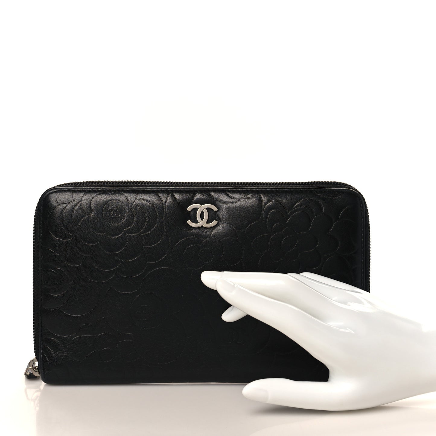 Lambskin Camellia Embossed Zip Around Organizer Wallet Black