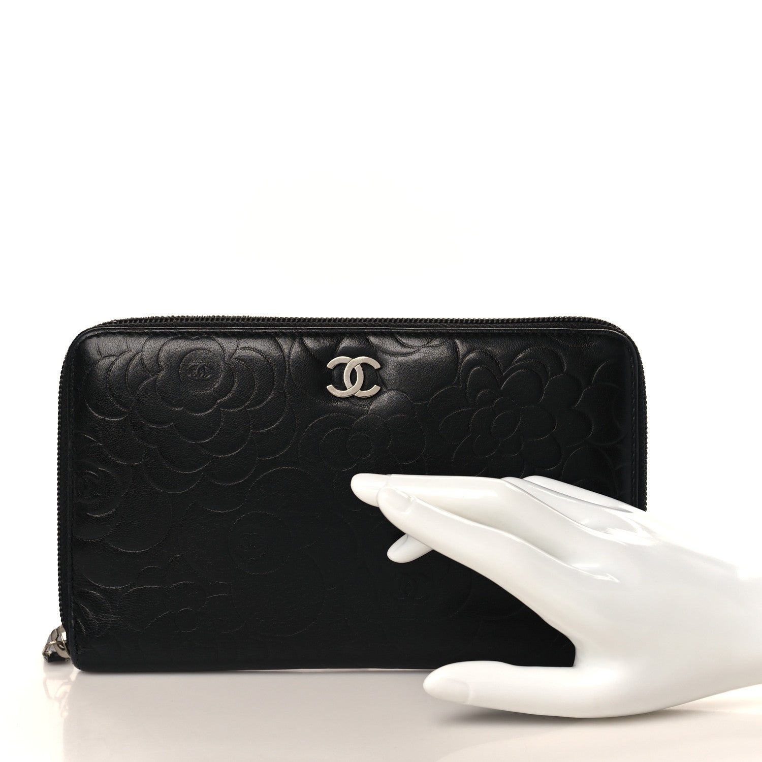 Chanel Lambskin Camellia Embossed Zip Around Organizer Wallet Black 2 of 8