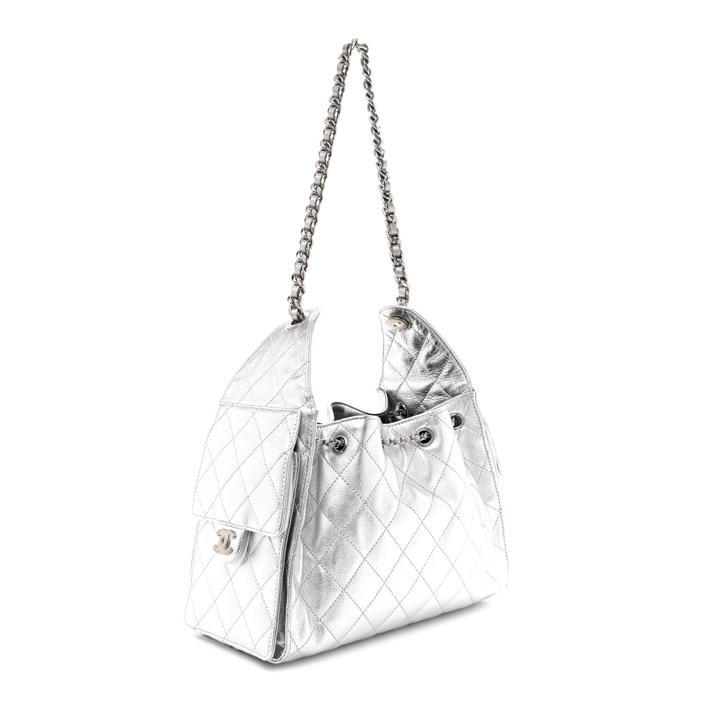 Metallic Caviar Quilted Small Chanel 25 Handbag Silver