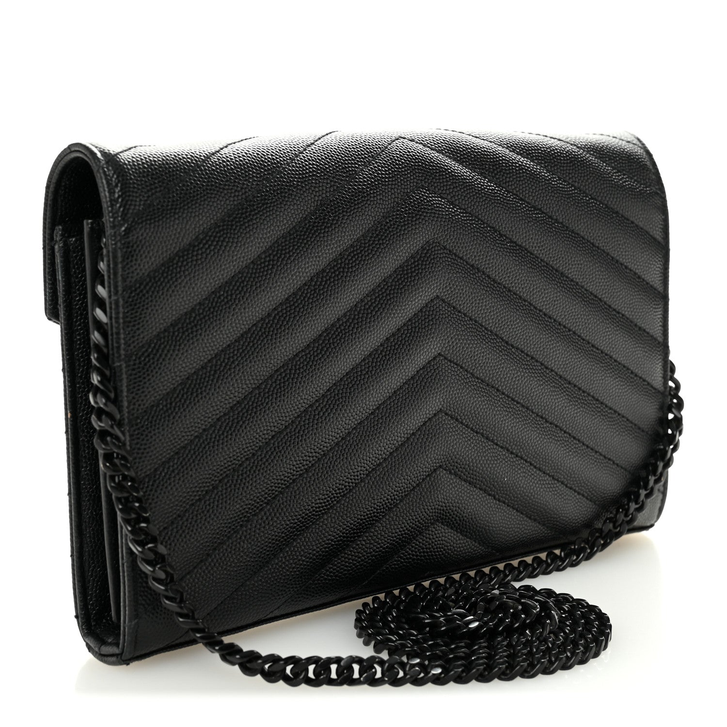 Saint Laurent Grain De Poudre Matelasse Chevron Monogram Monochrome Chain Wallet Black 3 of 11