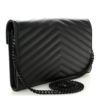 Saint Laurent Grain De Poudre Matelasse Chevron Monogram Monochrome Chain Wallet Black 3 of 11