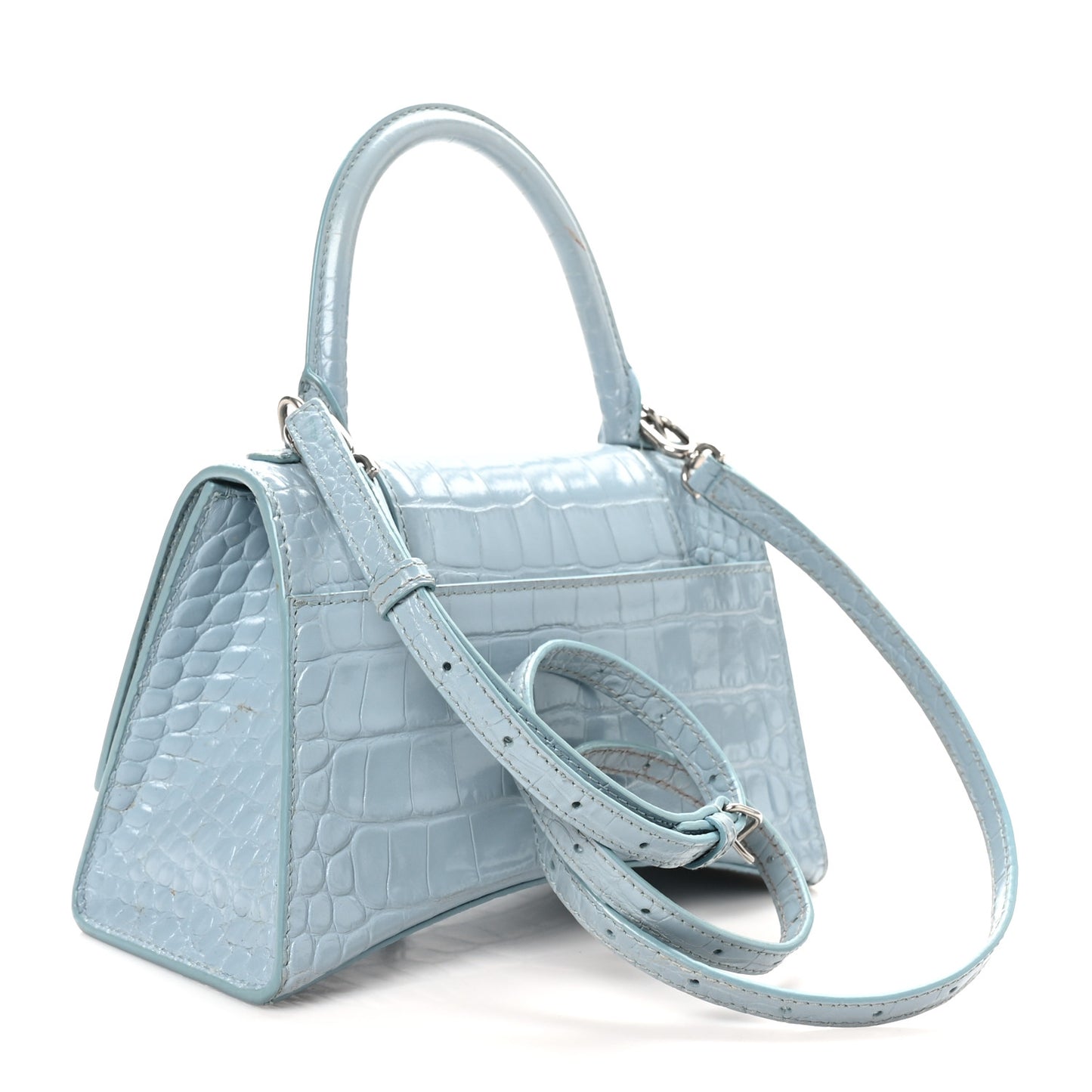 Shiny Calfskin Crocodile Embossed Small Hourglass Top Handle Bag Blue Grey