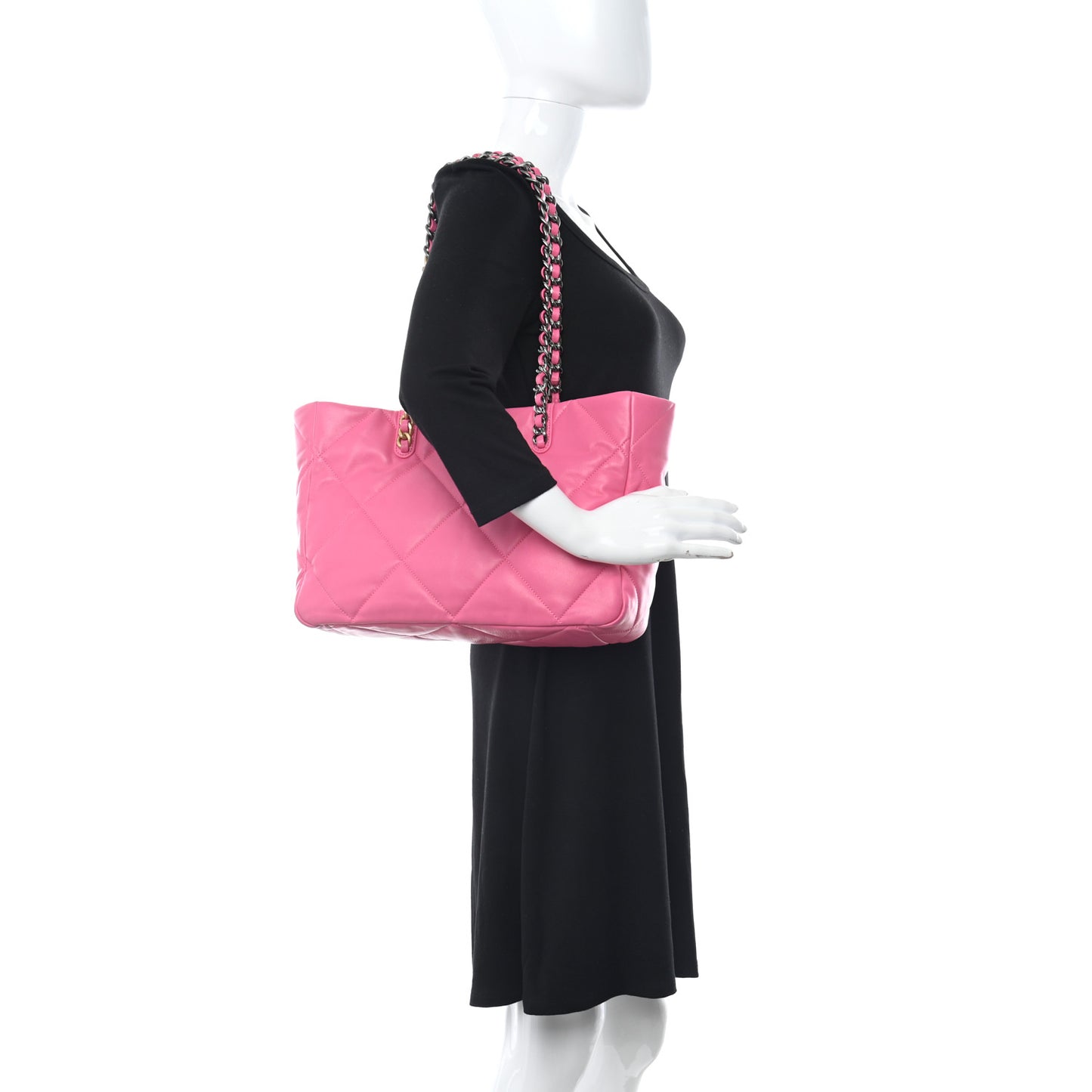 Lambskin Quilted Chanel 19 East West Shopping Bag Dark Pink
