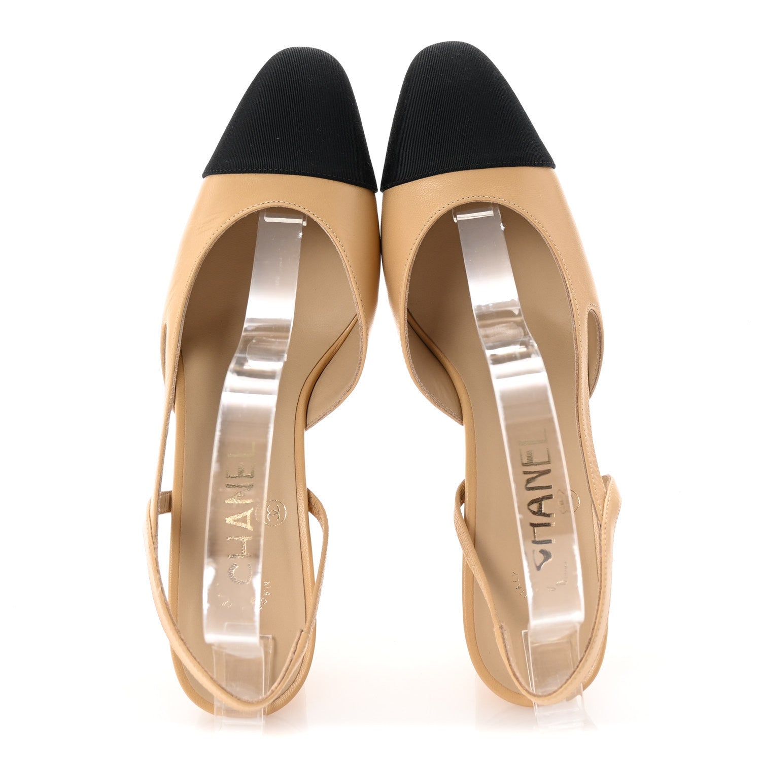 CHANEL ベージュと黒のレザー ミュール 37.5 C / 24CM Chanel Lambskin Grosgrain Cap Toe CC Slingback Pumps 37.5