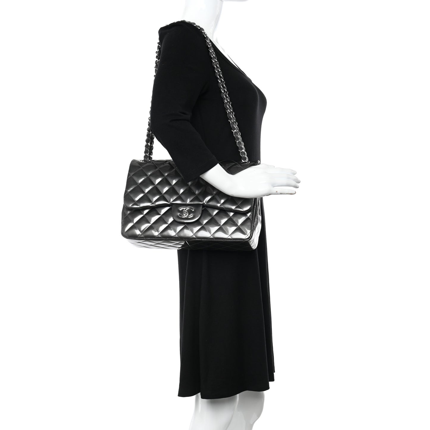 Striated Patent Quilted Jumbo Double Flap Grey