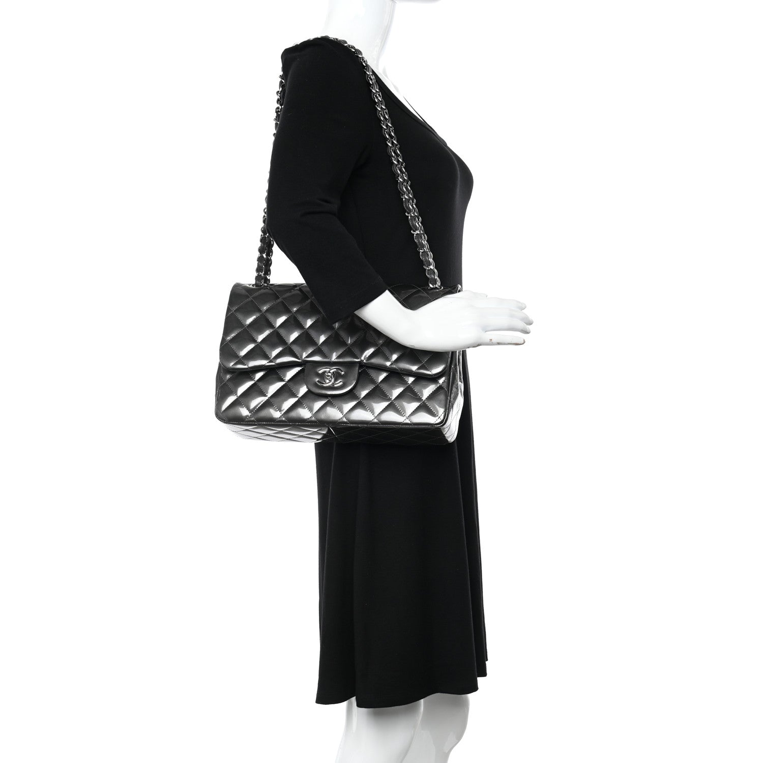 Chanel Striated Patent Quilted Jumbo Double Flap Grey 2 of 13