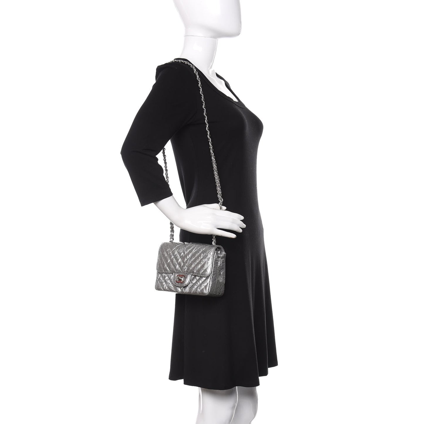 Metallic Patent Crumpled Calfskin Chevron Quilted Mini Square Flap Silver