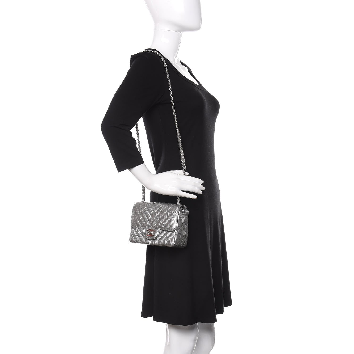 Chanel Metallic Patent Crumpled Calfskin Chevron Quilted Mini Square Flap Silver 2 of 12