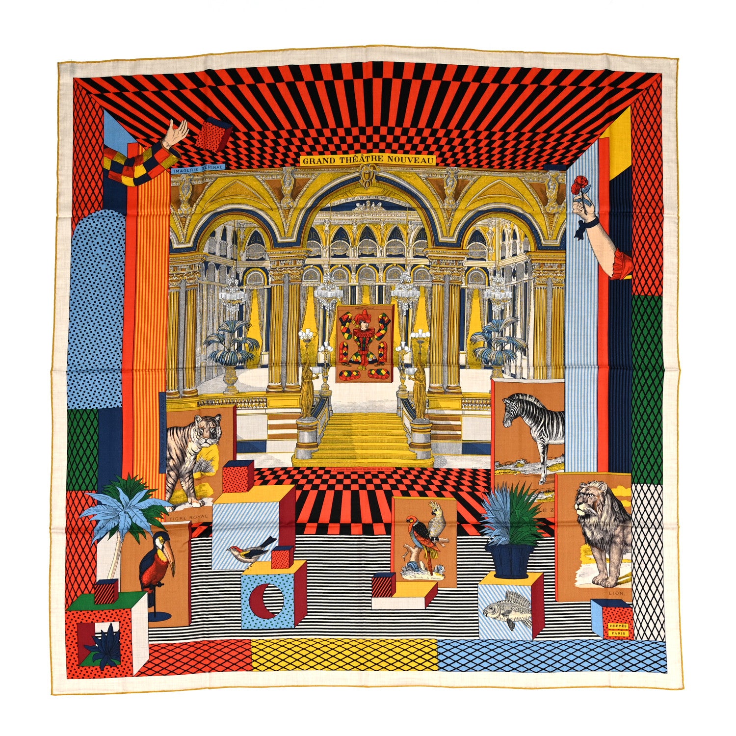 Hermes Cashmere Silk Grand Theatre Nouveau Shawl 140 Naturel Gold