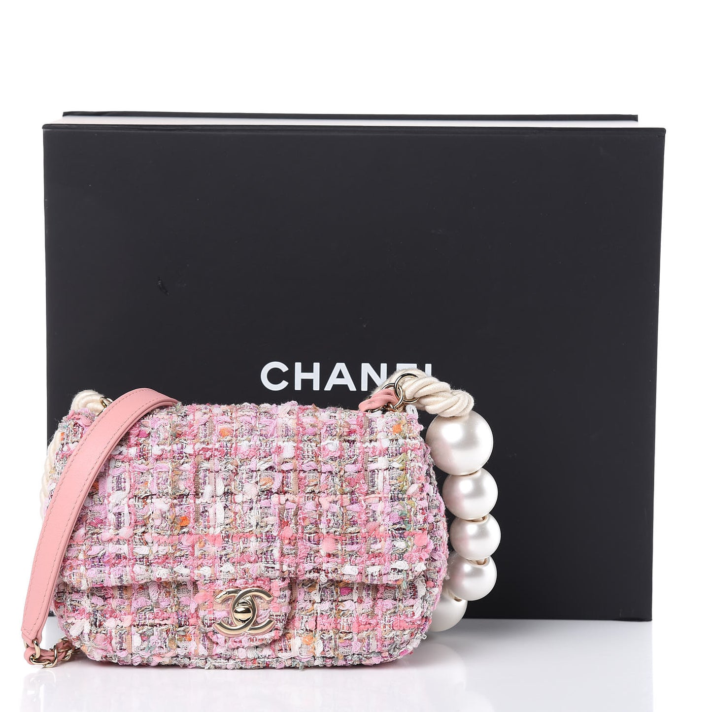 Tweed Mini Pearl Handle Flap Pink Beige Orange Ecru