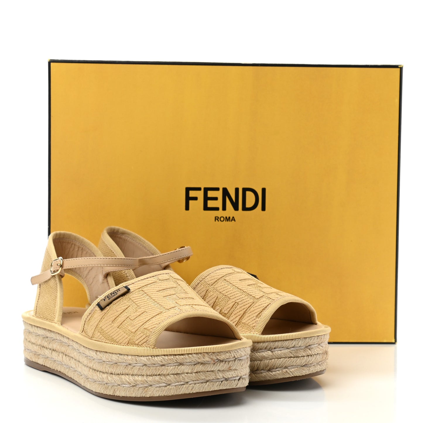 Raffia FF Embroidered Espadrille Platform Sandals 36 Natural