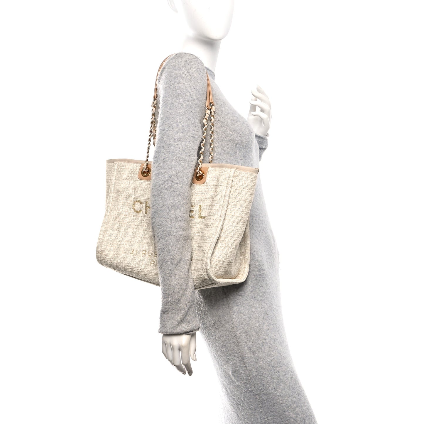 Lurex Boucle Small Deauville Tote Ivory