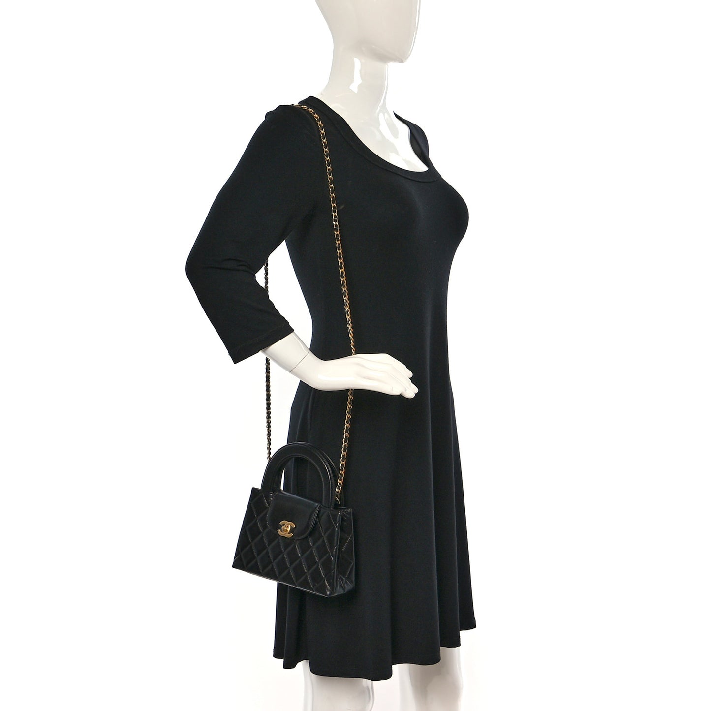 Shiny Aged Calfskin Quilted Nano Kelly Shopper Black