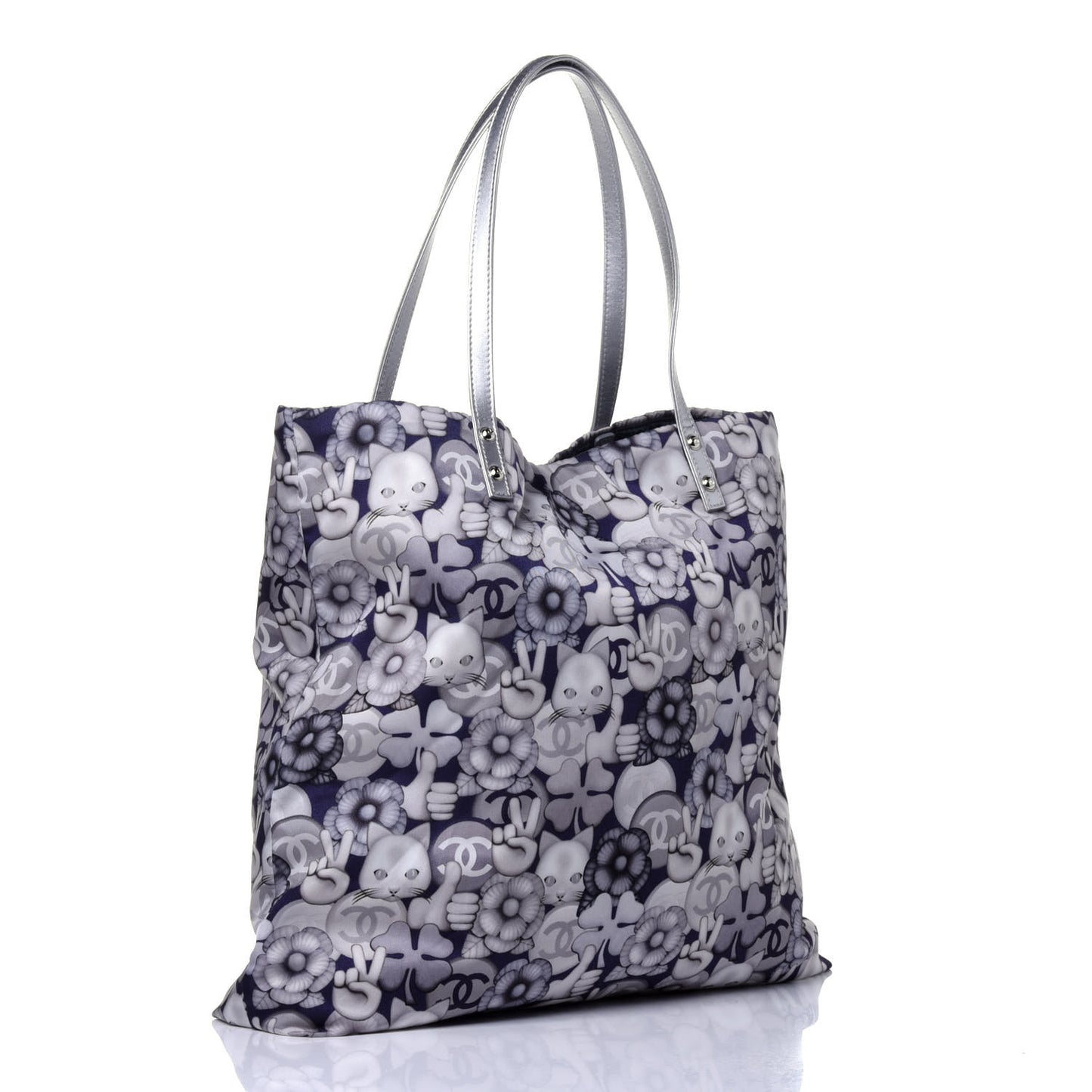 Nylon Cat Emoticon Tote Navy Silver