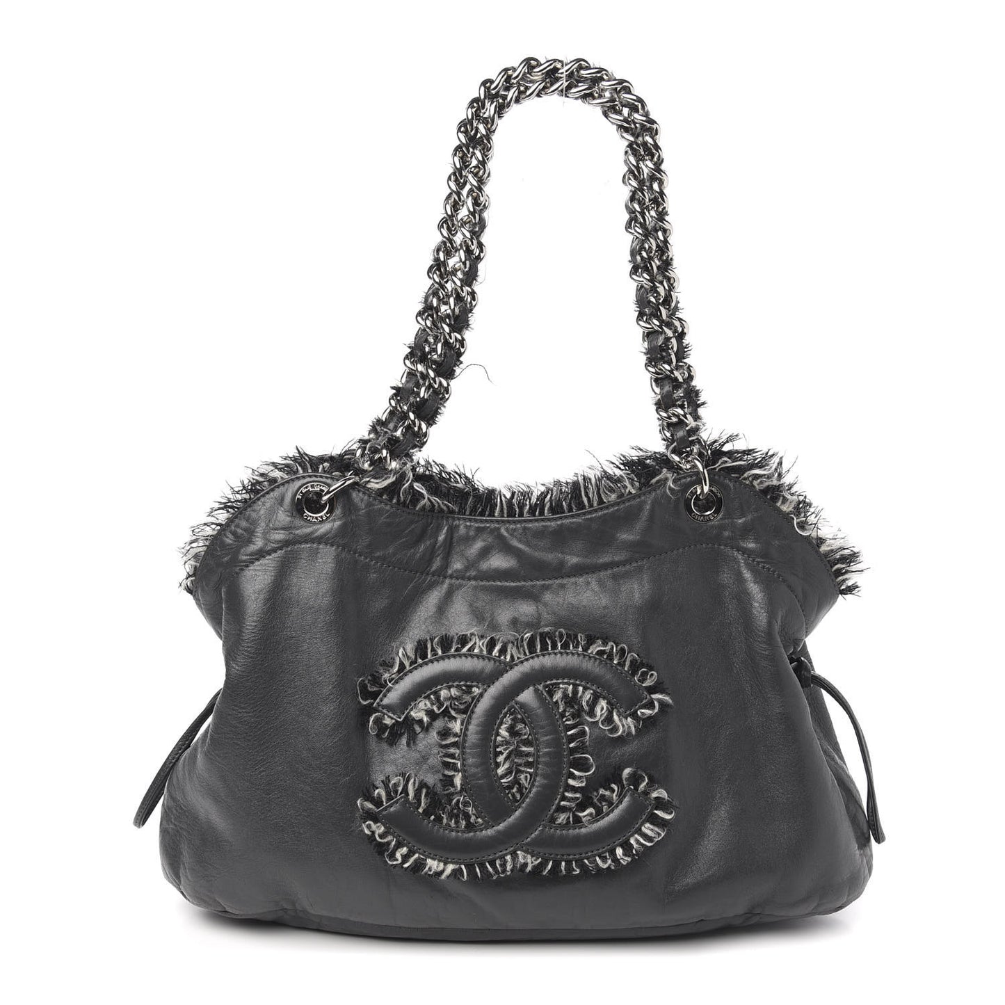 Tweed Lambskin Drawstring Tweedy Tote Dark Grey