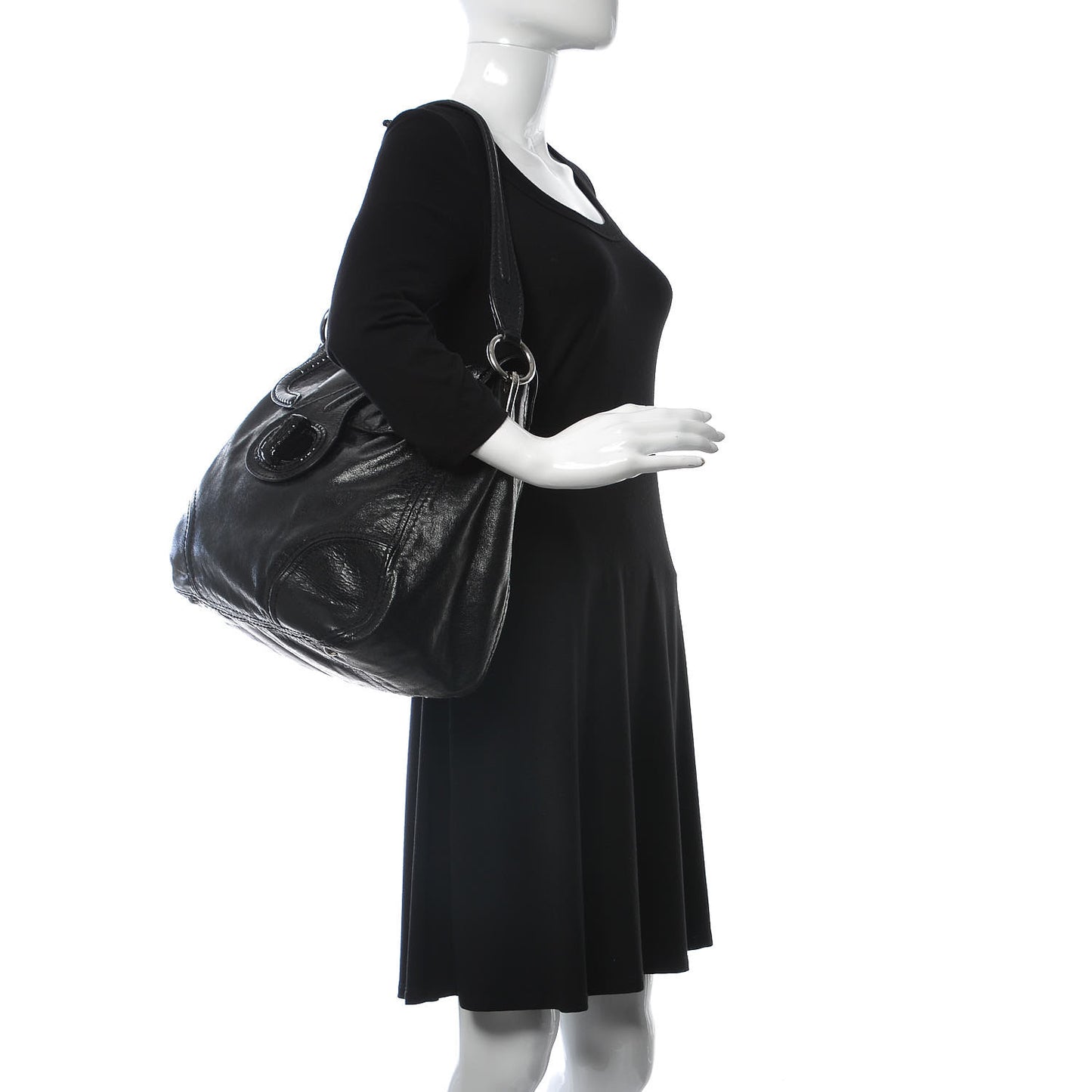 Vitello Shine Turnlock Flap Shoulder Bag Black