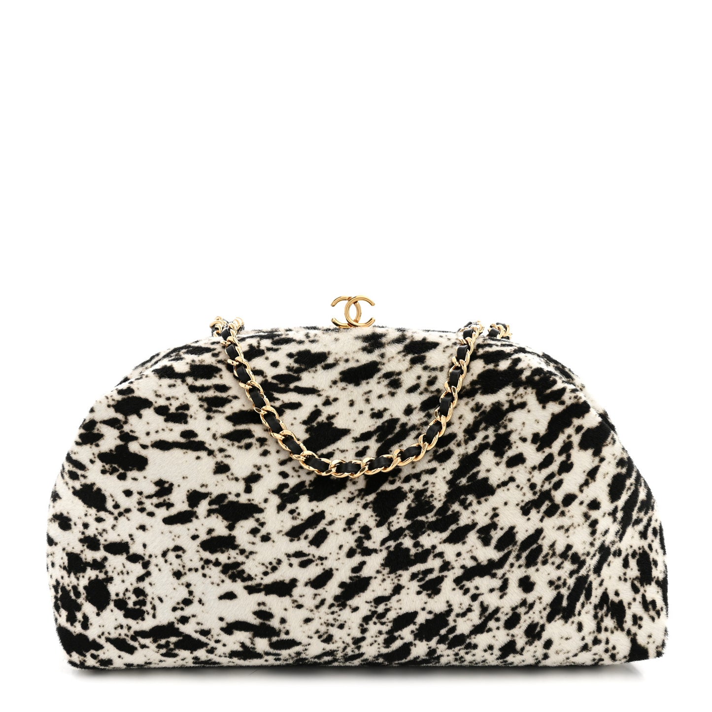 Lambskin Pony Hair Printed Clutch With Chain Black White