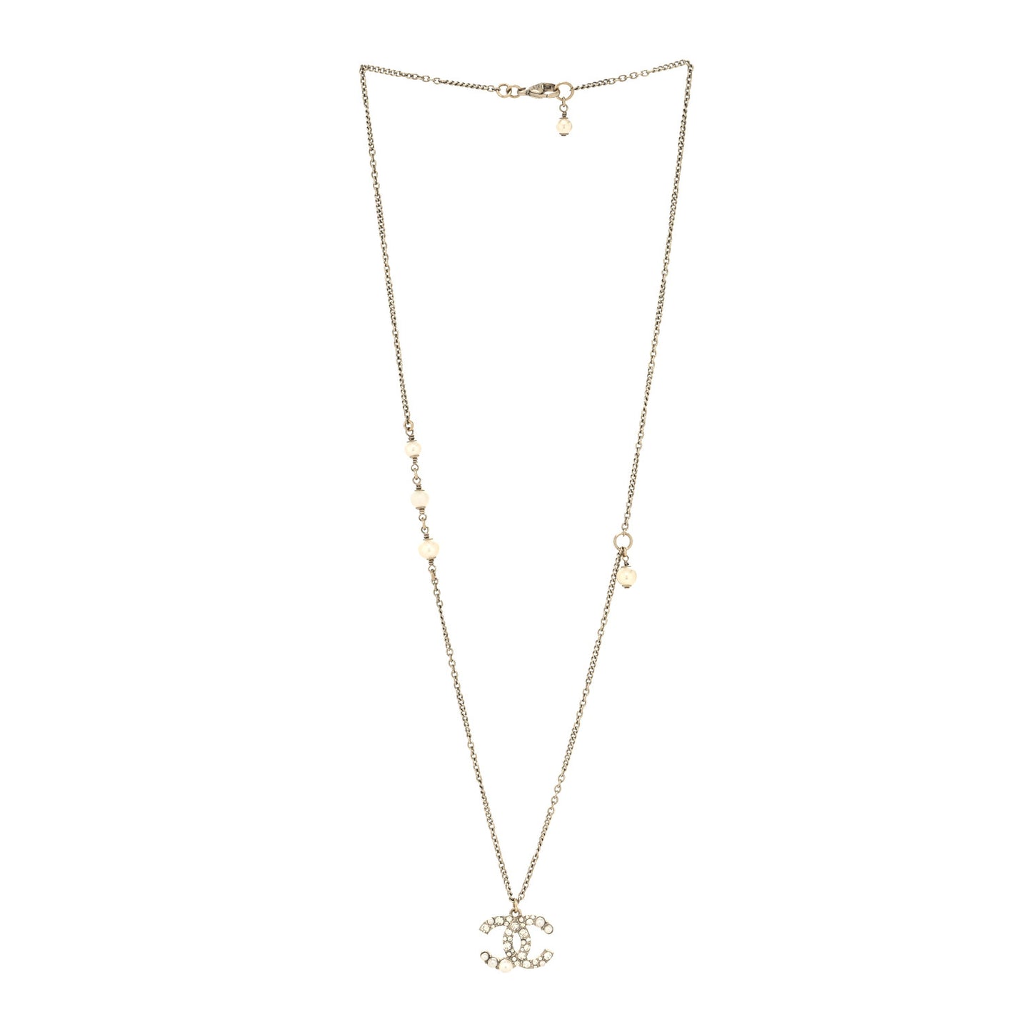 Pearl Crystal CC Drop Necklace Gold