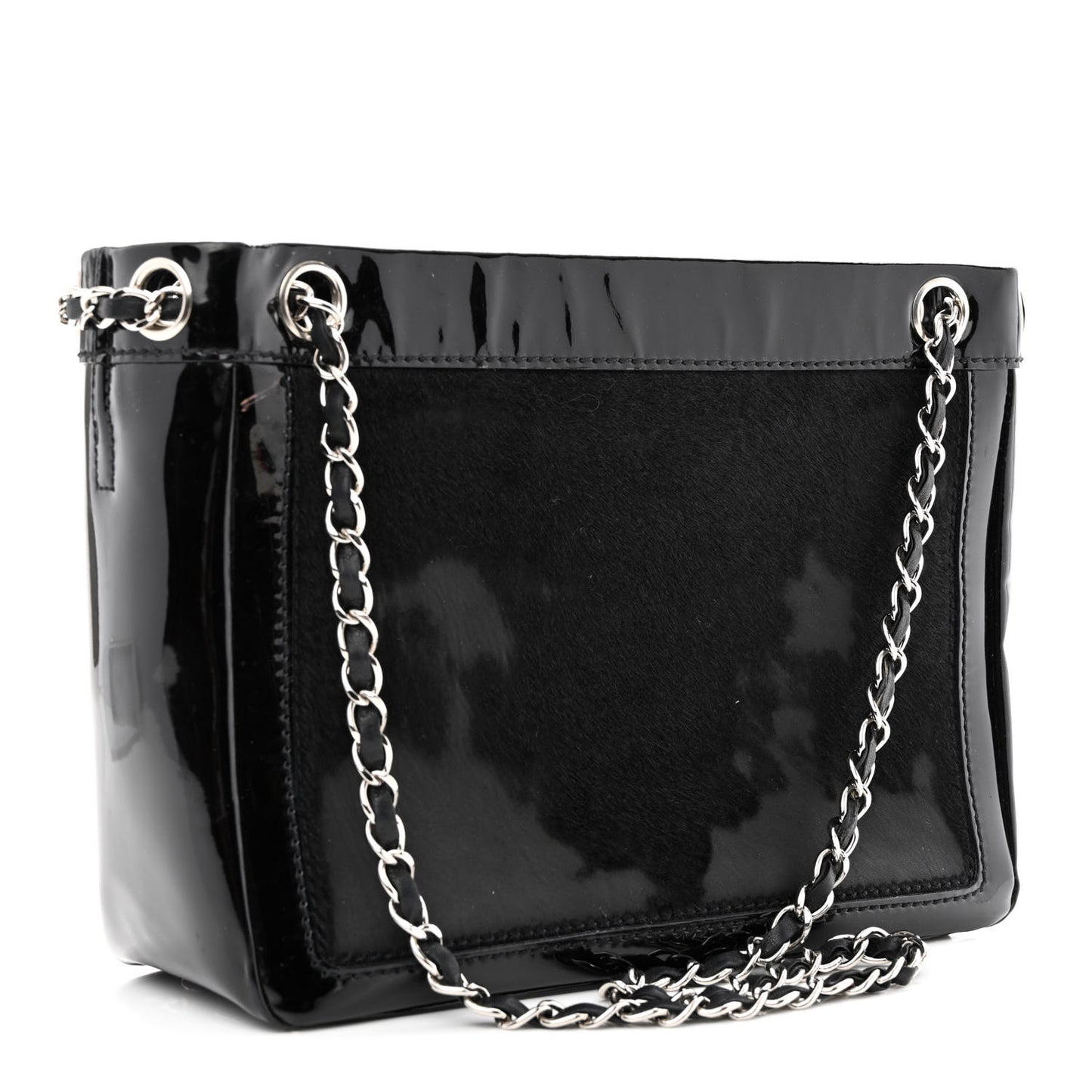 Patent Pony Hair Small Pocket Tote Black