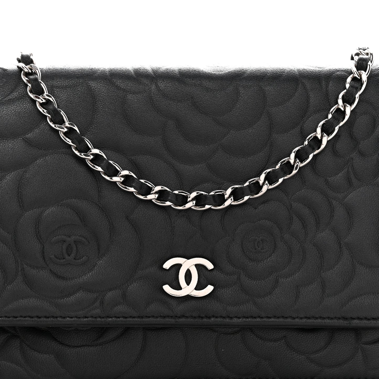 Lambskin Camellia Embossed Wallet On Chain WOC Black