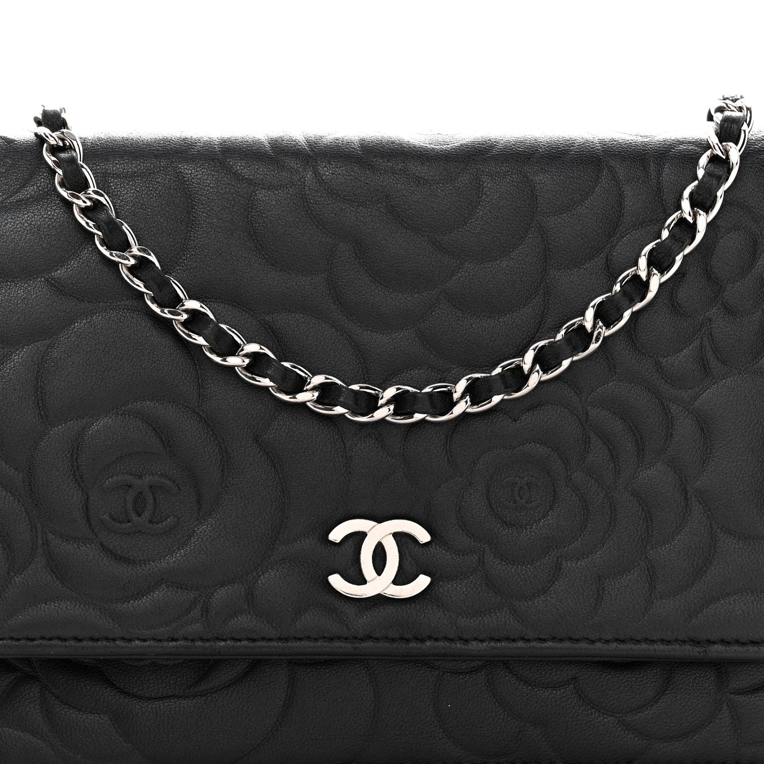 Chanel Lambskin Camellia Embossed Wallet On Chain WOC Black 9 of 15