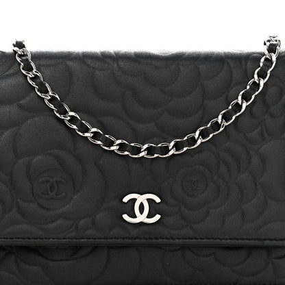 Chanel Lambskin Camellia Embossed Wallet On Chain WOC Black 9 of 15