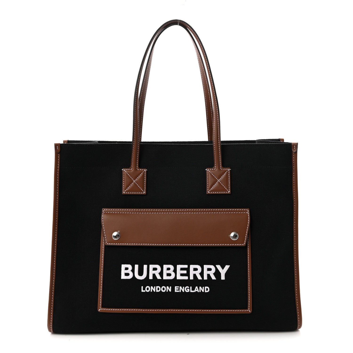 Burberry Canvas Smooth Calfskin Medium Two Tone Freya Tote Black Tan 1 of 9