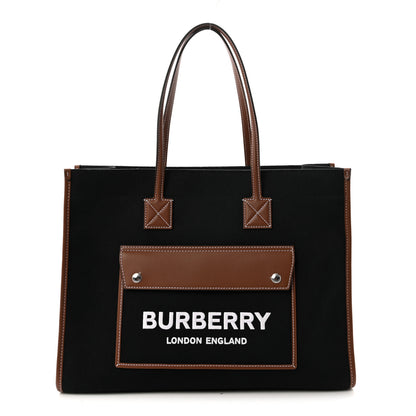 Burberry Canvas Smooth Calfskin Medium Two Tone Freya Tote Black Tan 1 of 9