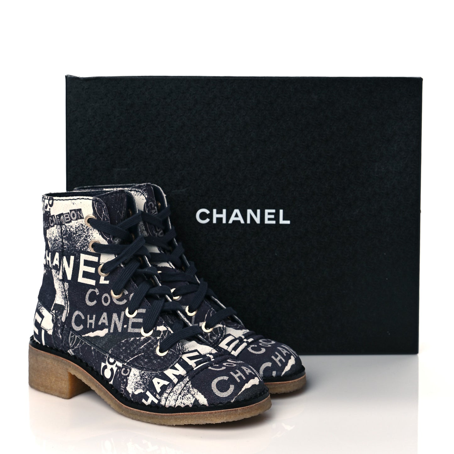 Printed CC Canvas 31 Rue Cambon Lace Up Combat Boots 37.5 Navy White