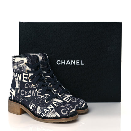 Chanel Printed CC Canvas 31 Rue Cambon Lace Up Combat Boots 37.5 Navy White 9 of 9