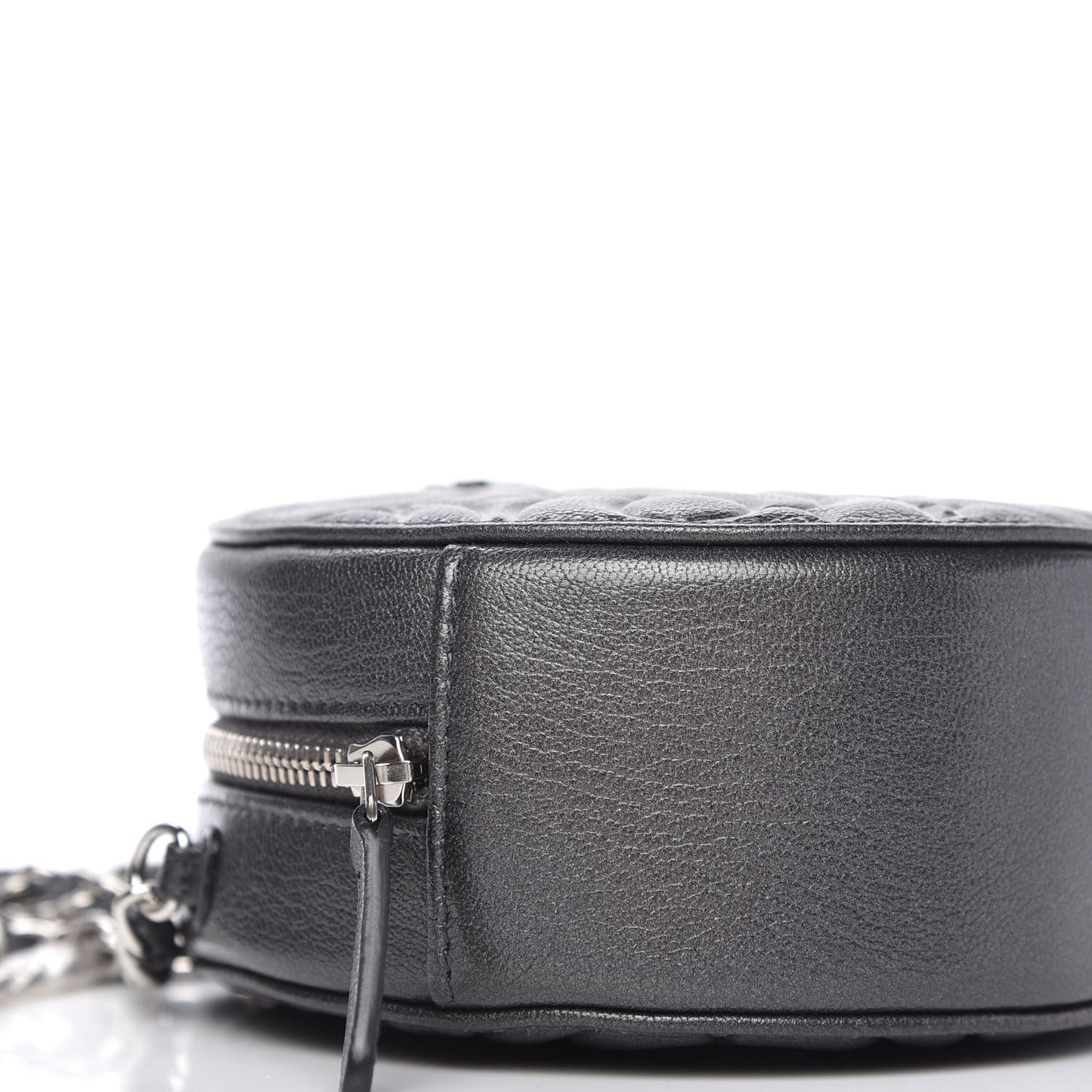 Goatskin Camellia Quilted Round Clutch With Chain Grey