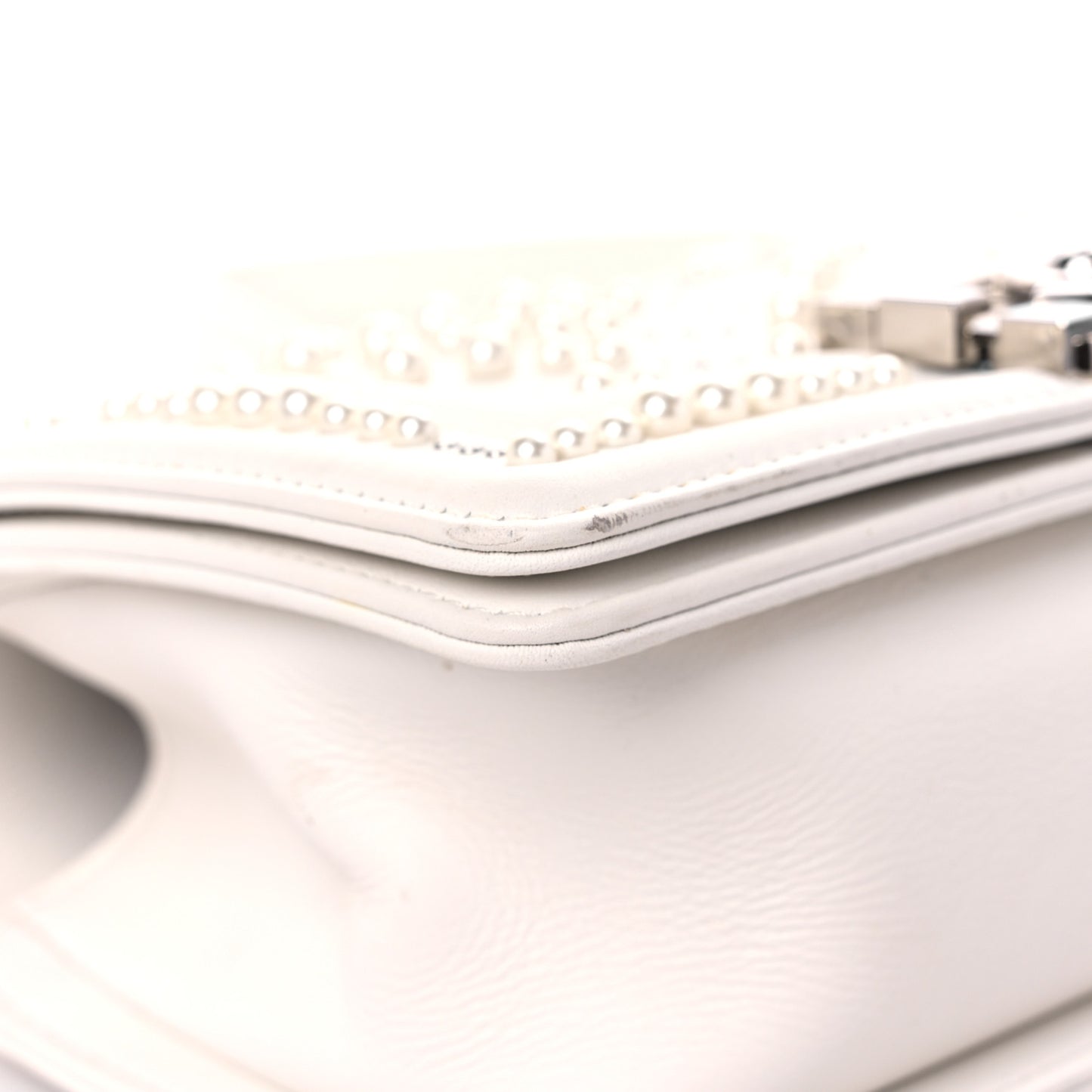 Calfskin Pearl Chevron Small Boy Flap White