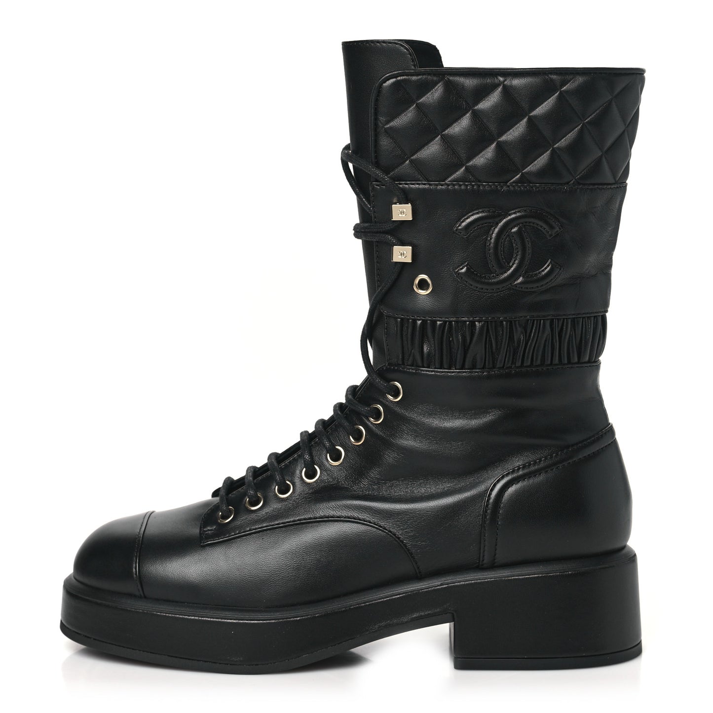 Lambskin Quilted CC Lace Up Combat Boots 38 Black