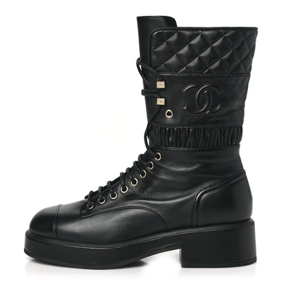 Chanel Lambskin Quilted CC Lace Up Combat Boots 38 Black 1 of 7