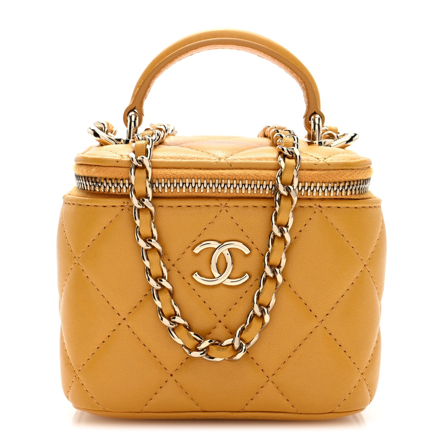 Lambskin Quilted Top Handle Mini Vanity Case With Chain Yellow