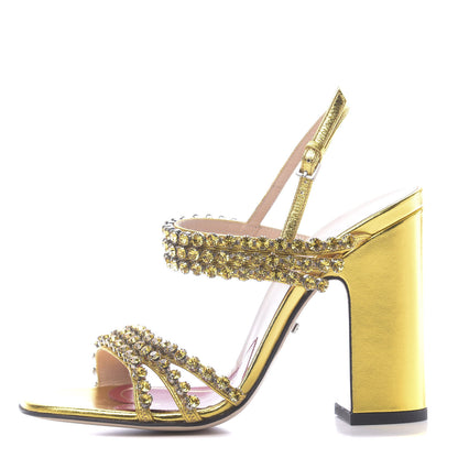 Gucci Nappa Silk Crystal Bertie High Heel Sandals 36 Gold 1 of 8